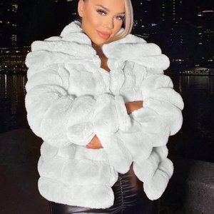 White Preppy Womens Open Front Fuzzy Jacket